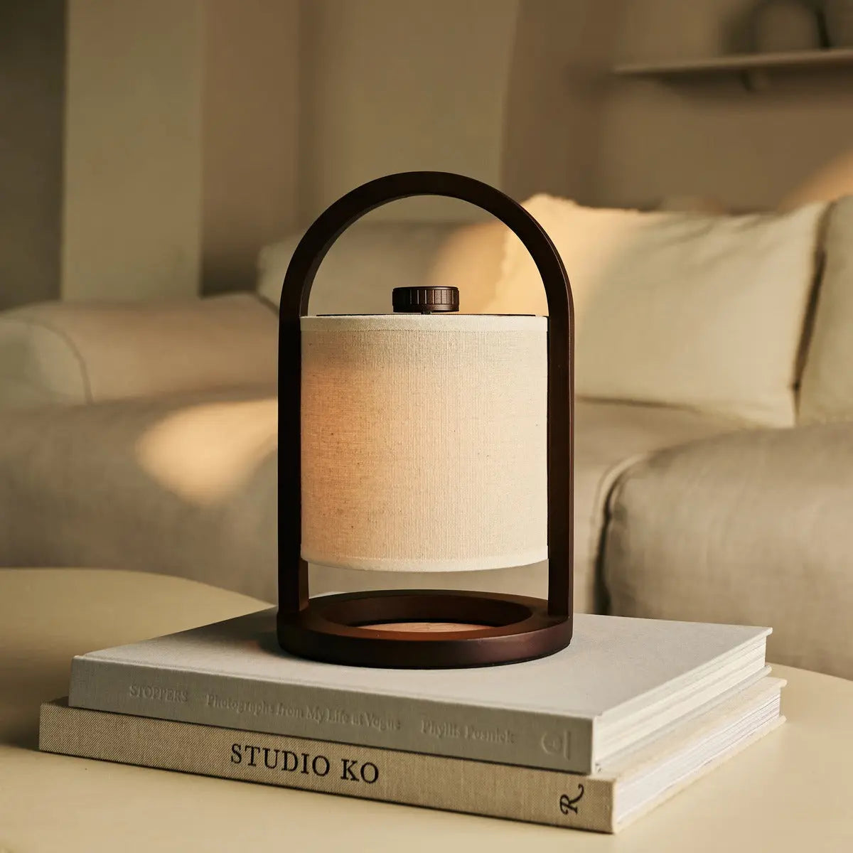 Dark brown wooden rechargeable lamp