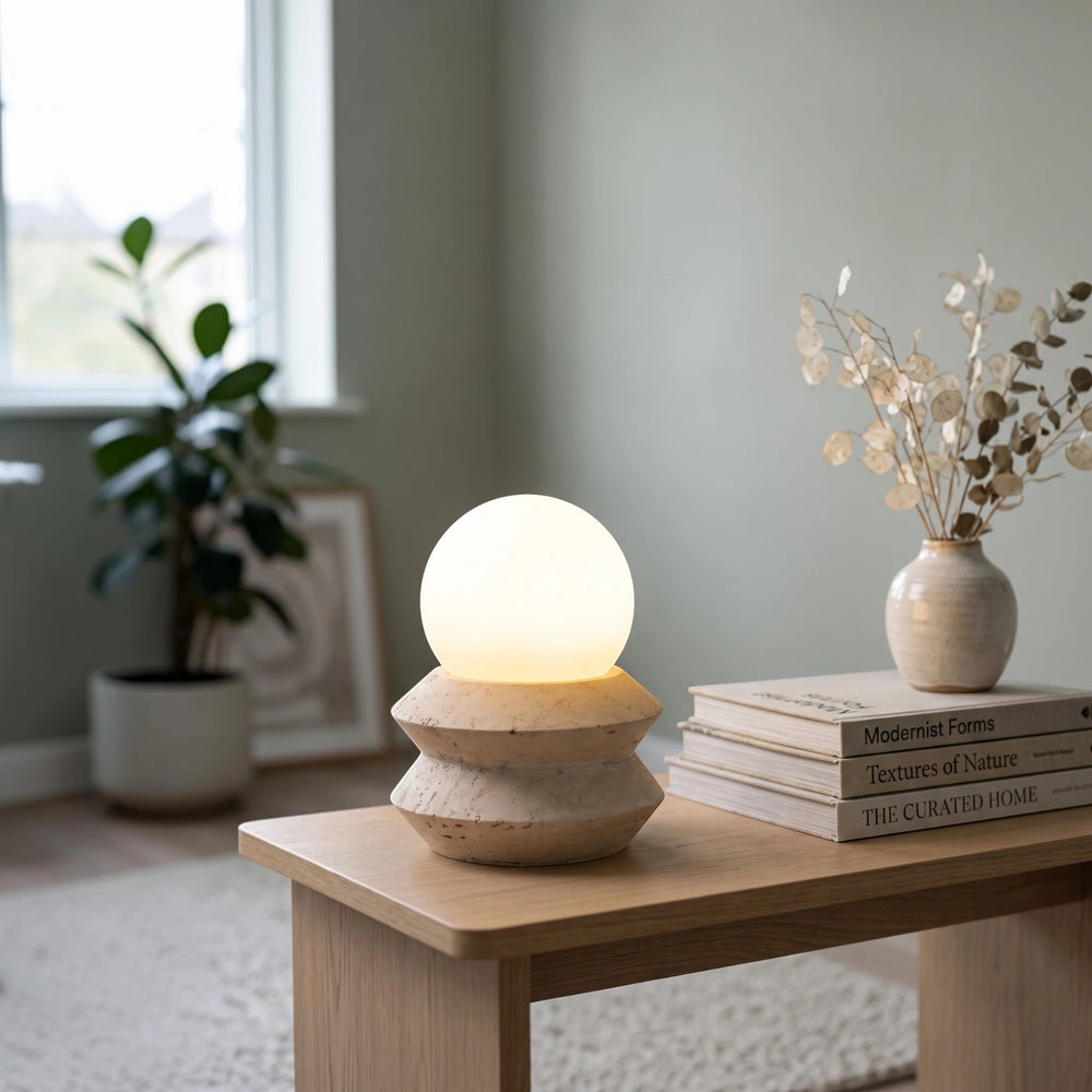 The cordless Solace table lamp glowing on an oak bench beside design books and dried lunaria