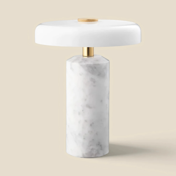 Halo cordless table lamp in white Carrara marble with a glossy white opal glass shade