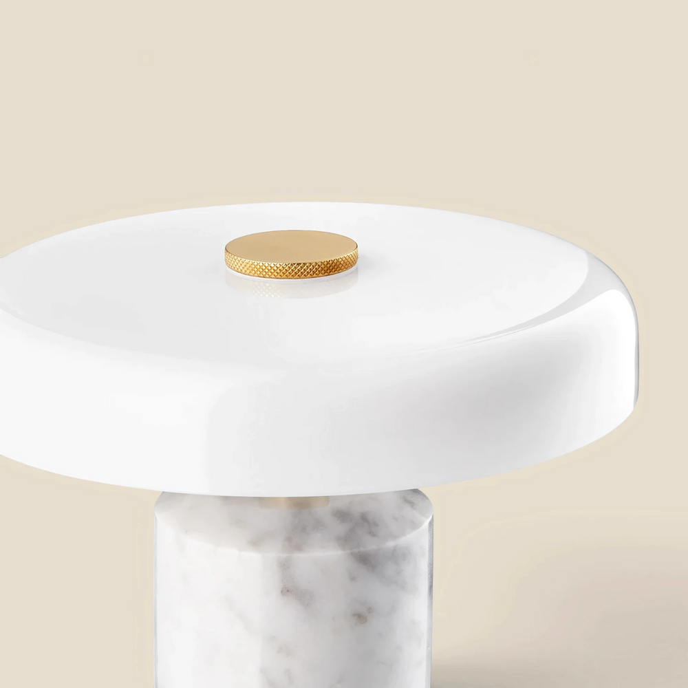 Close-up of the Halo lamp's white opal glass shade and knurled brass dimmer dial, HALO-WHITE-01