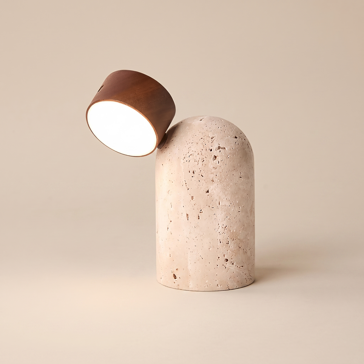 Sten travertine table lamp in Dark Brown walnut, front view