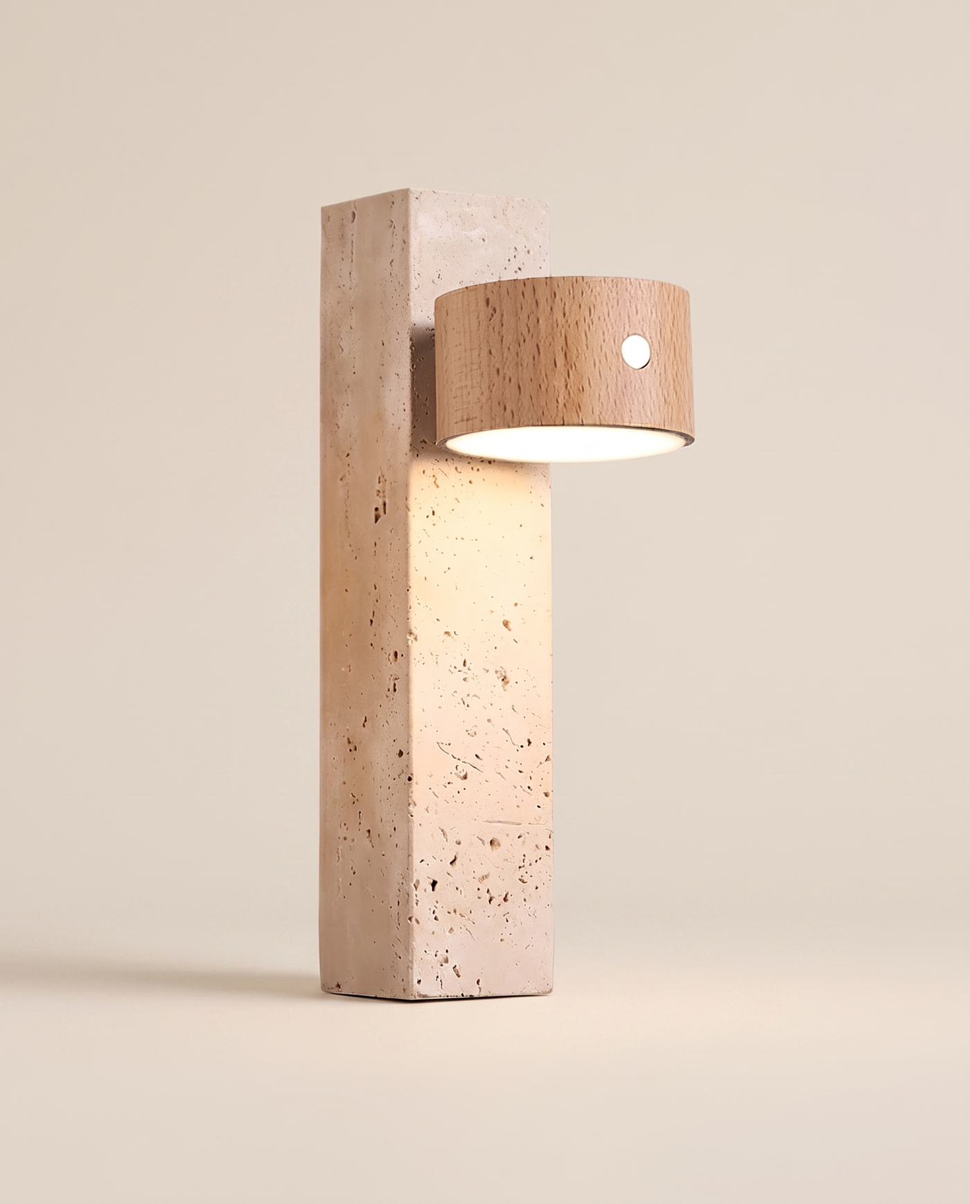 Monolith travertine wall light in Light Brown wood, front view