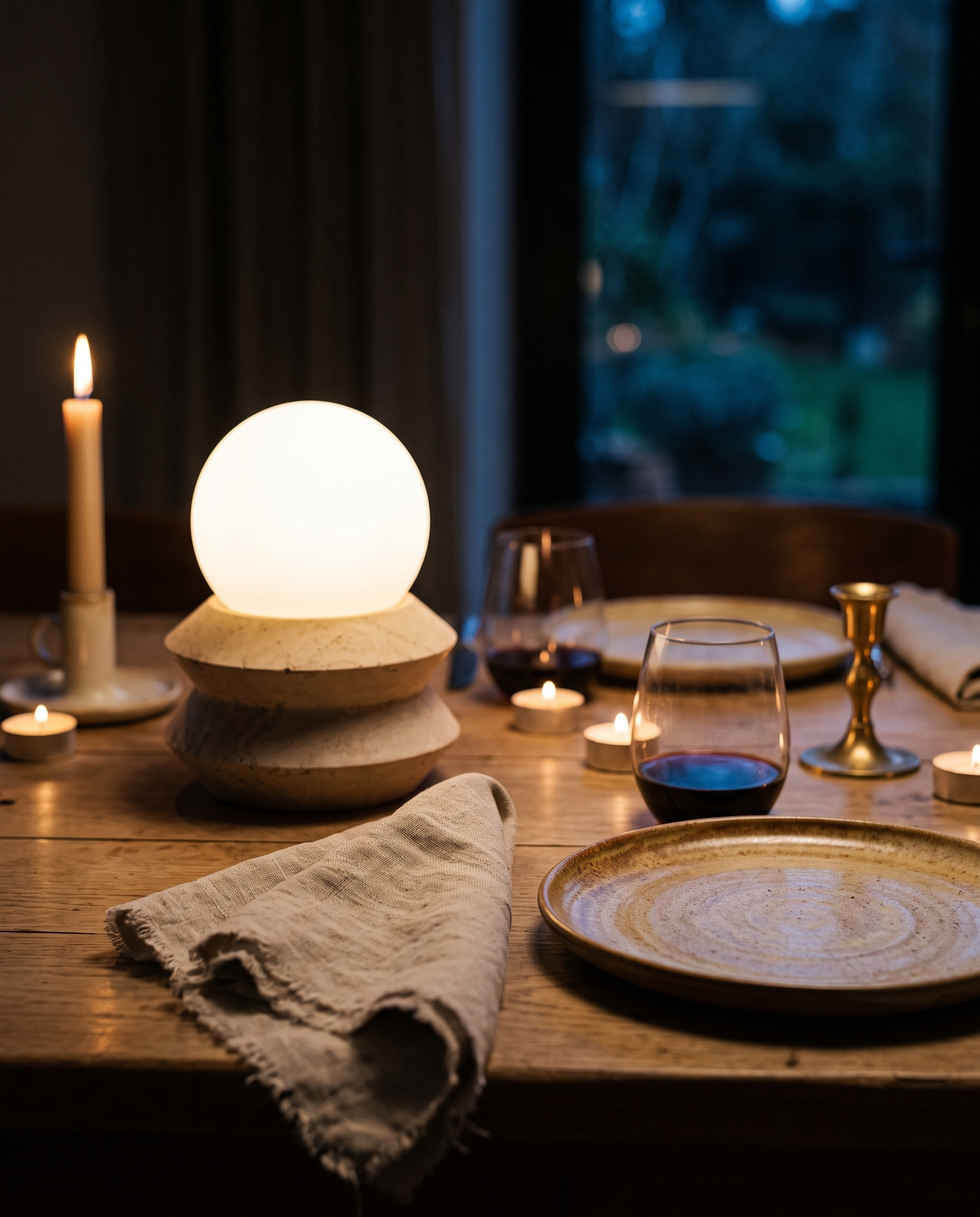 Solace travertine table lamp lit on a dining table at dusk