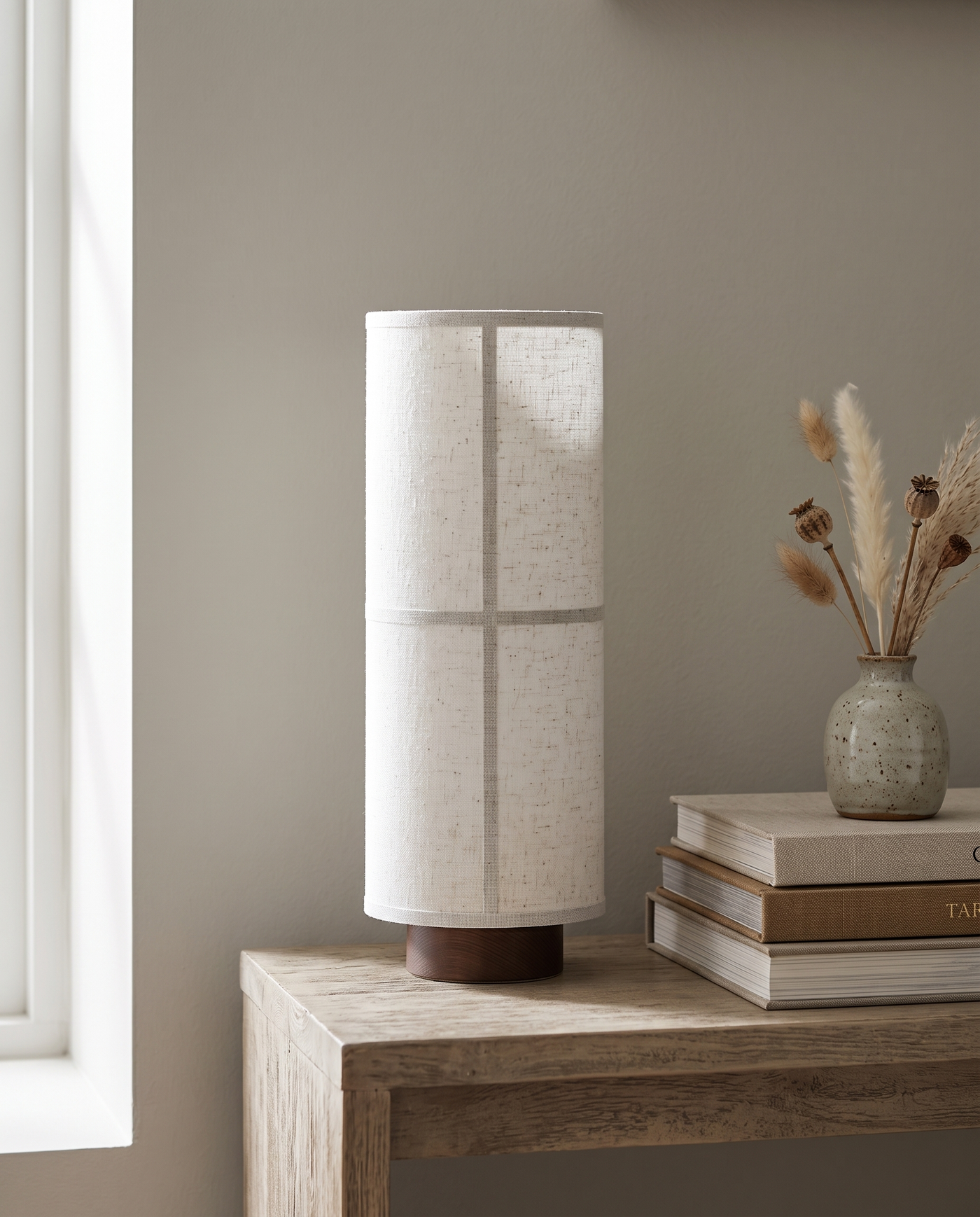 Washi table lamp on a living-room console table against a greige wall