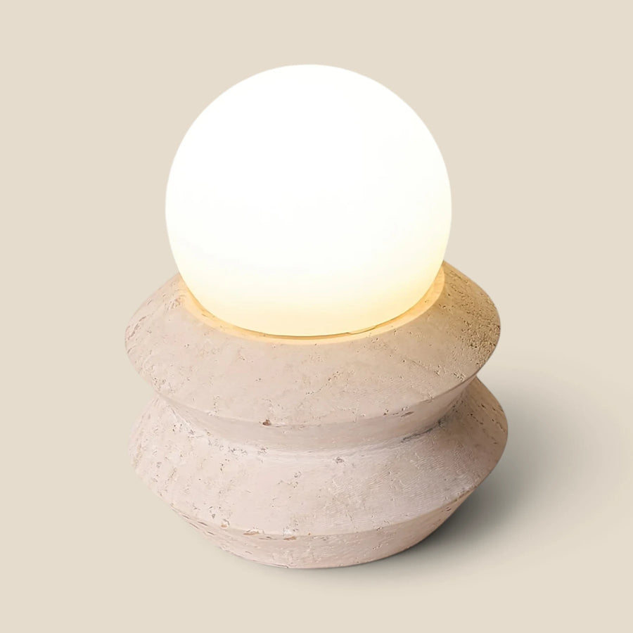 Vensalo Solace rechargeable table lamp, stepped travertine base with a warm opal glass globe