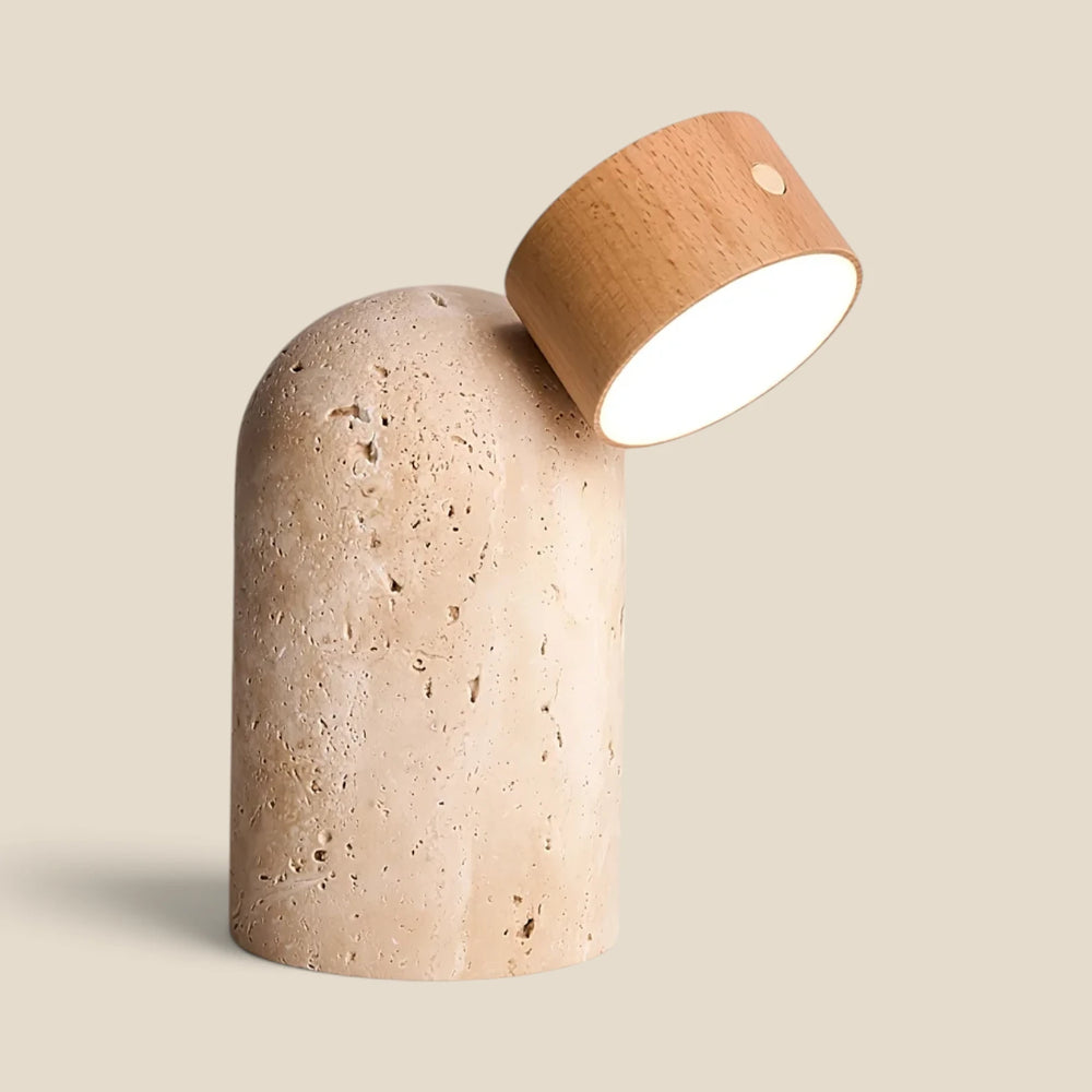 Vensalo Sten rechargeable table lamp, domed travertine base with a tilting oak light head