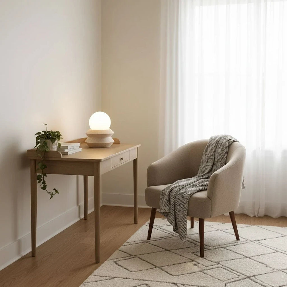 The battery operated Solace lamp on a writing desk in a bright reading corner