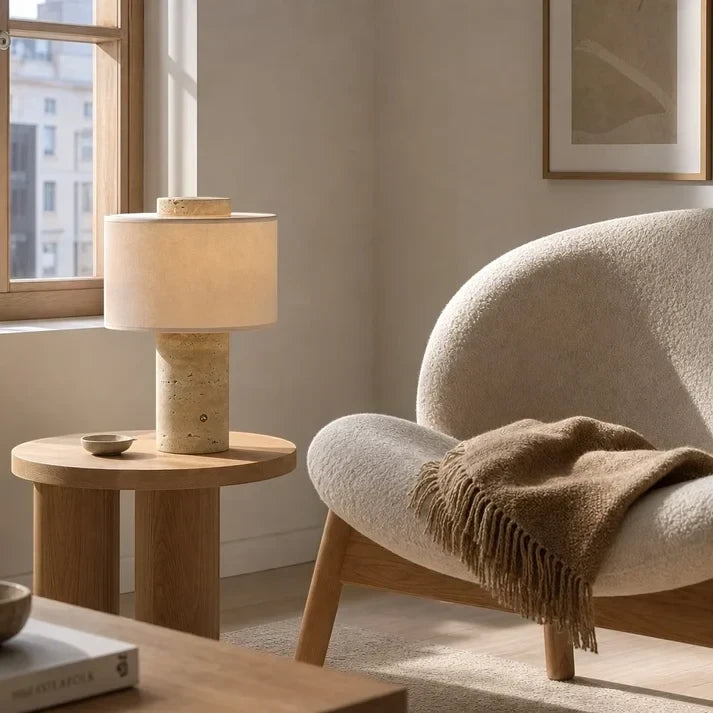 The battery operated Onyx Cloud lamp on a round oak side table beside a bouclé armchair