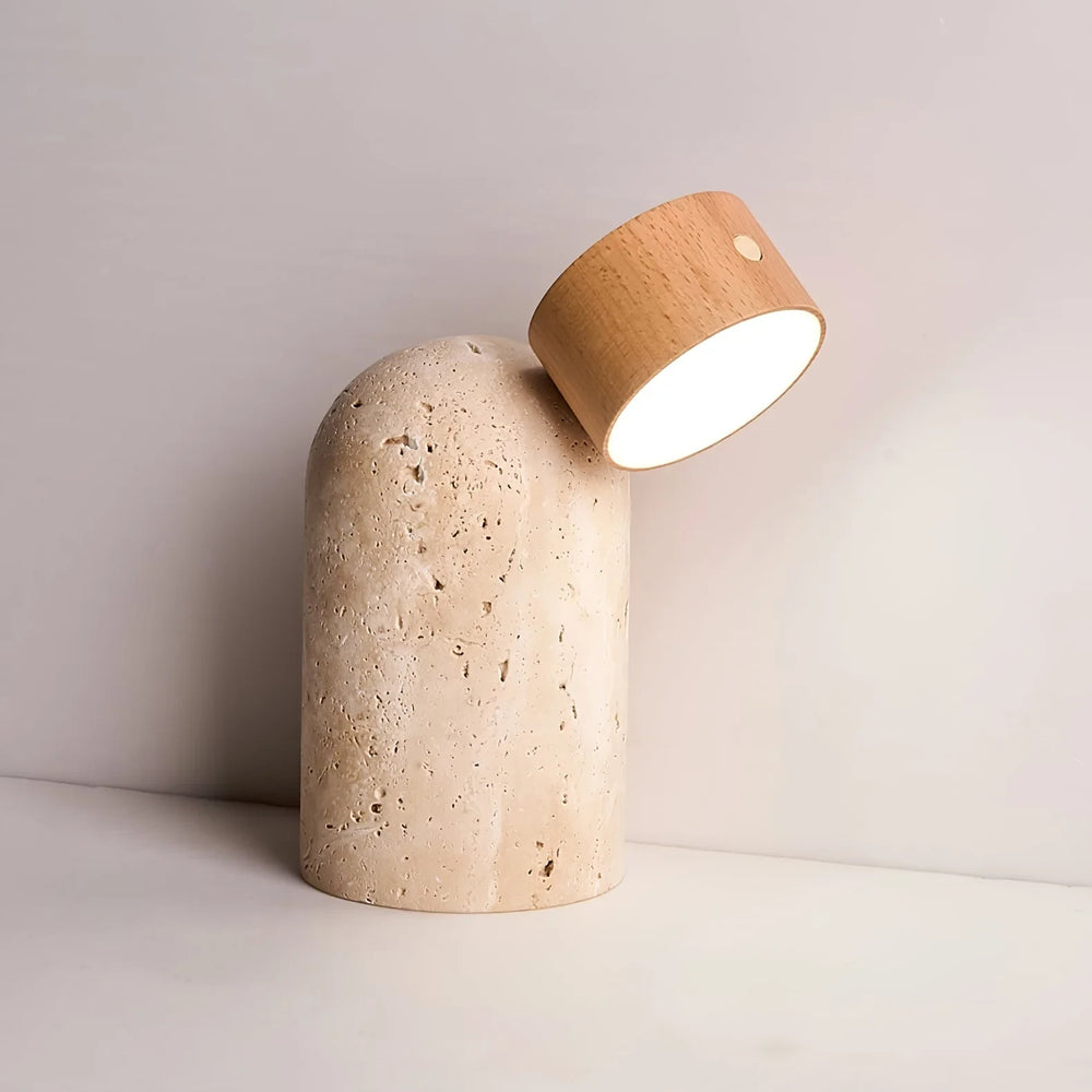 Vensalo Sten cordless table lamp with a travertine base and light oak light head