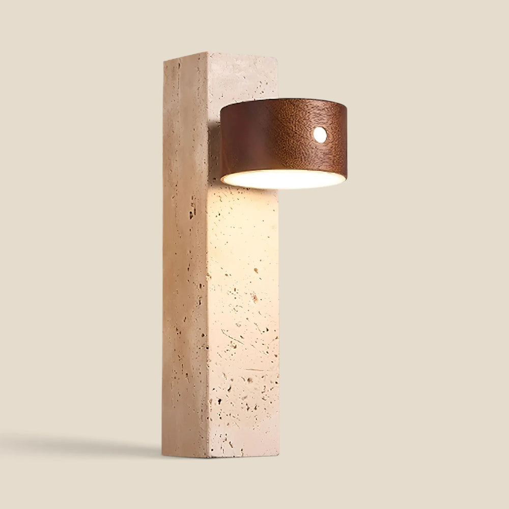 Vensalo Monolith cordless wall sconce, travertine block with an adjustable walnut light head
