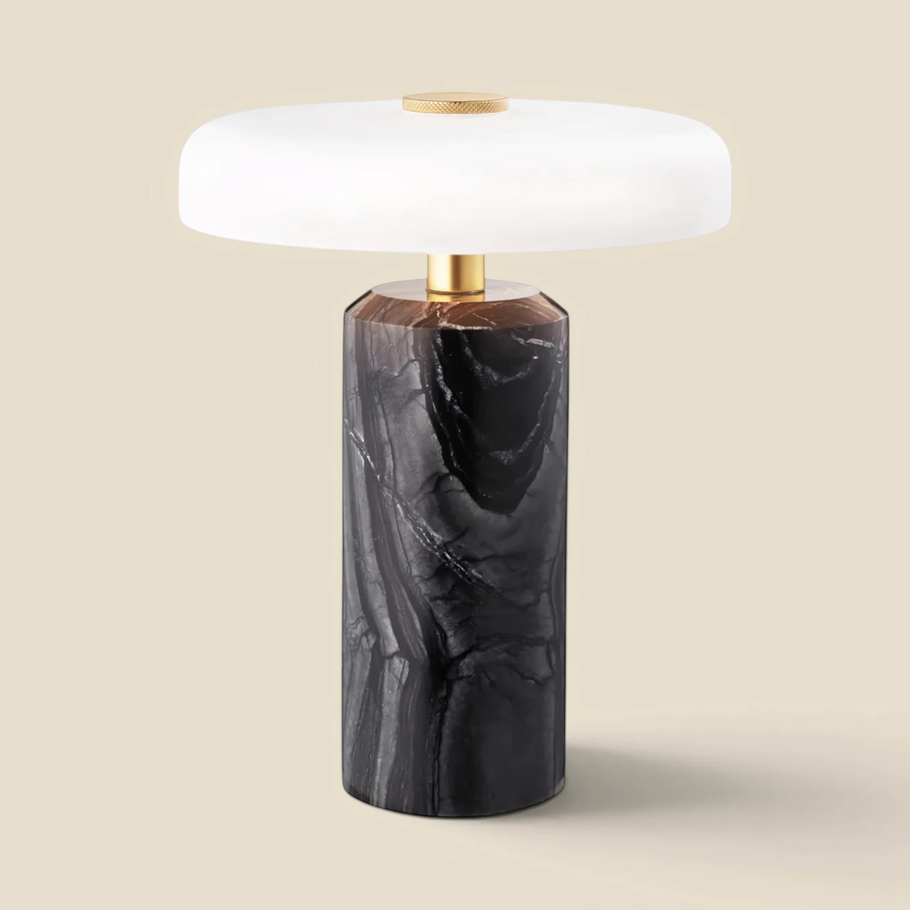 Halo cordless table lamp in charcoal marble with a lit white matt glass shade