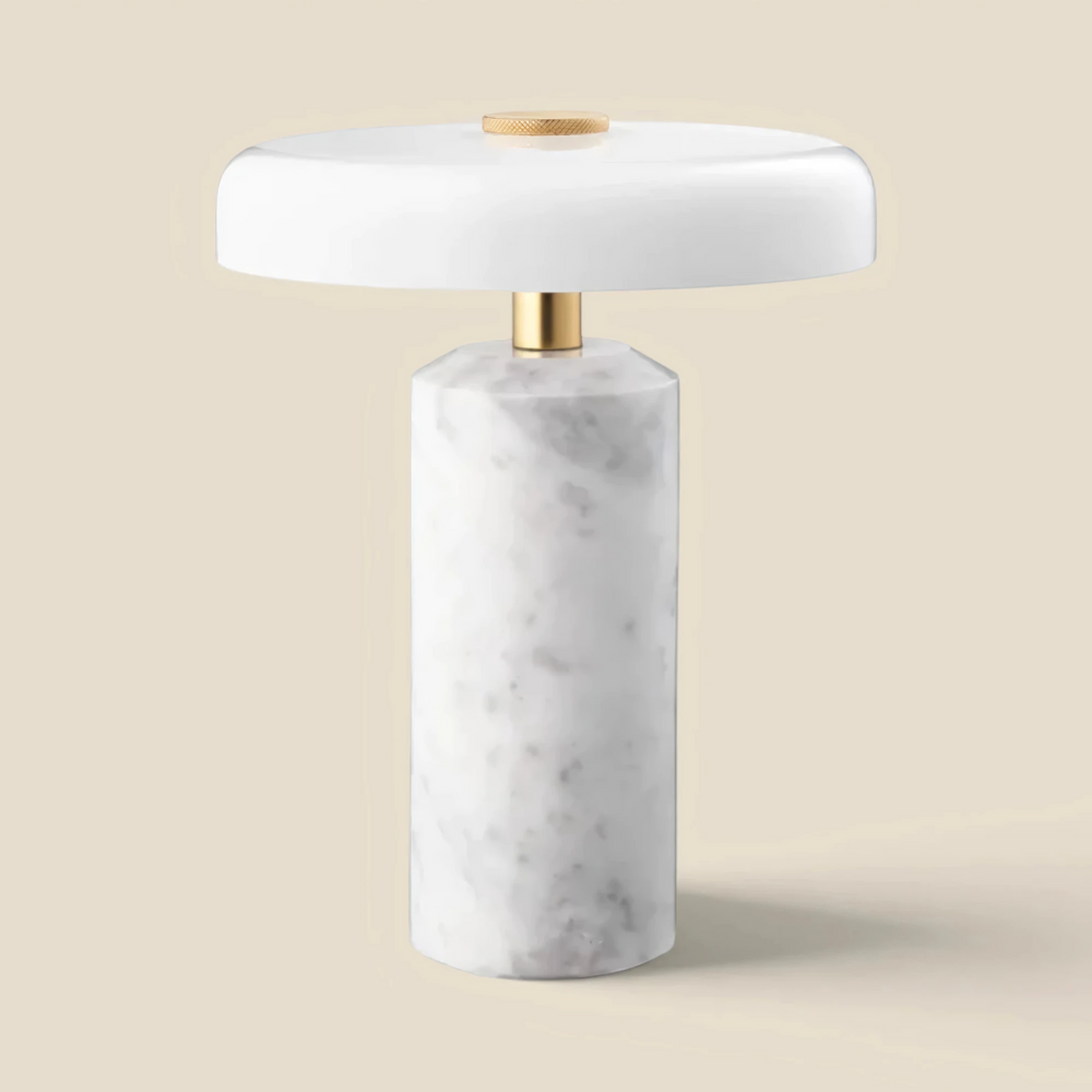 Halo cordless table lamp in white Carrara marble with a glossy white opal glass shade