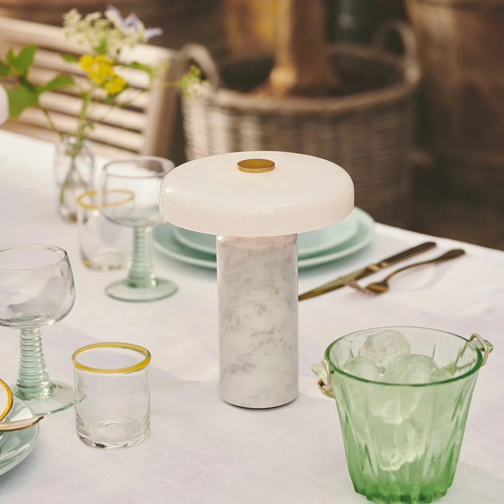 Halo white marble table lamp beside green glassware on a laid dining table, HALO-WHITE-01