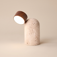 Sten travertine table lamp in Dark Brown walnut, front view