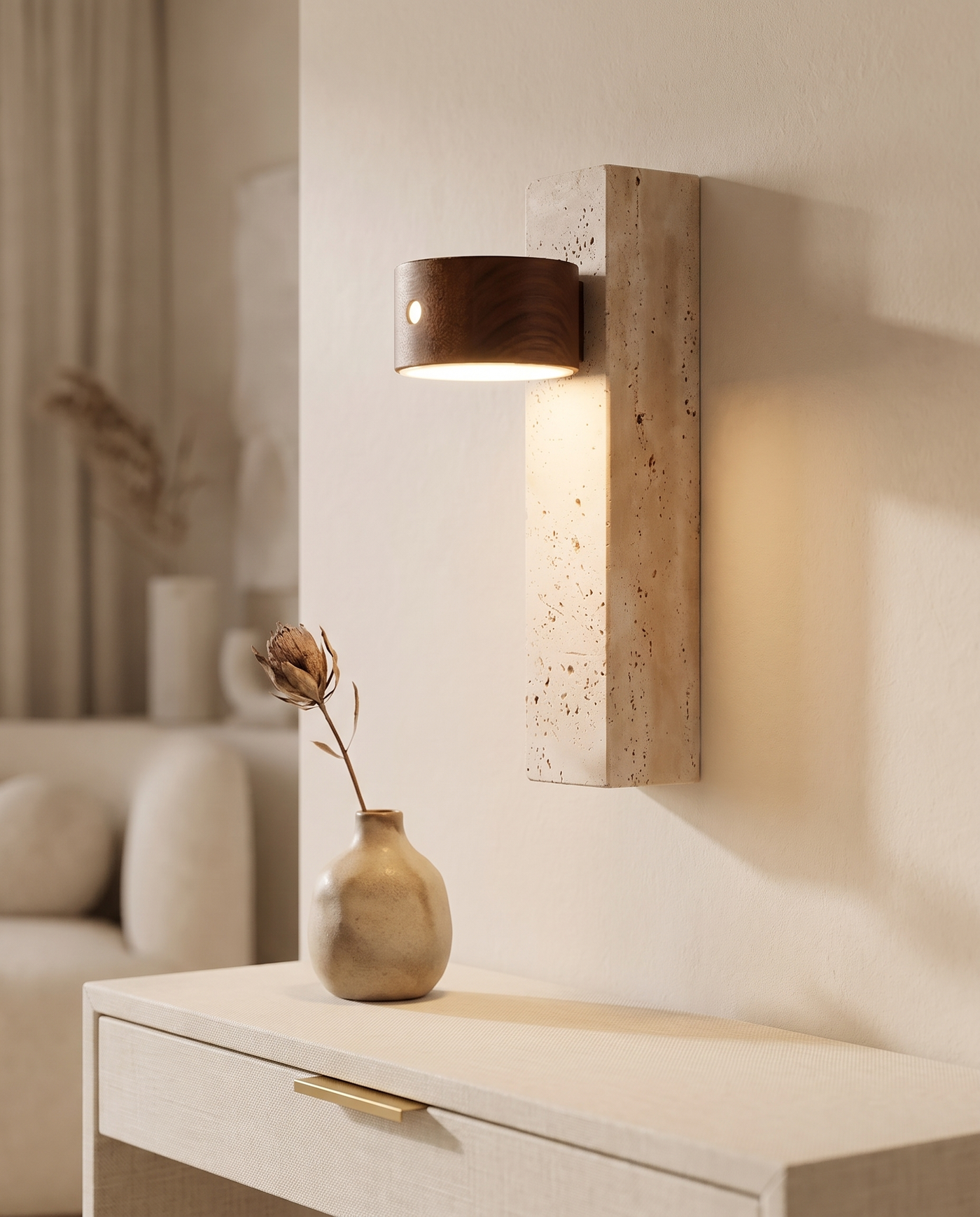 Monolith travertine wall light in Dark Brown, mounted on a wall in a warm interior