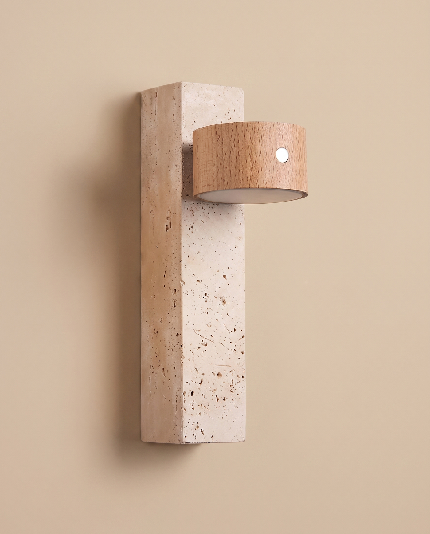 Monolith travertine wall light in Light Brown, three-quarter side view