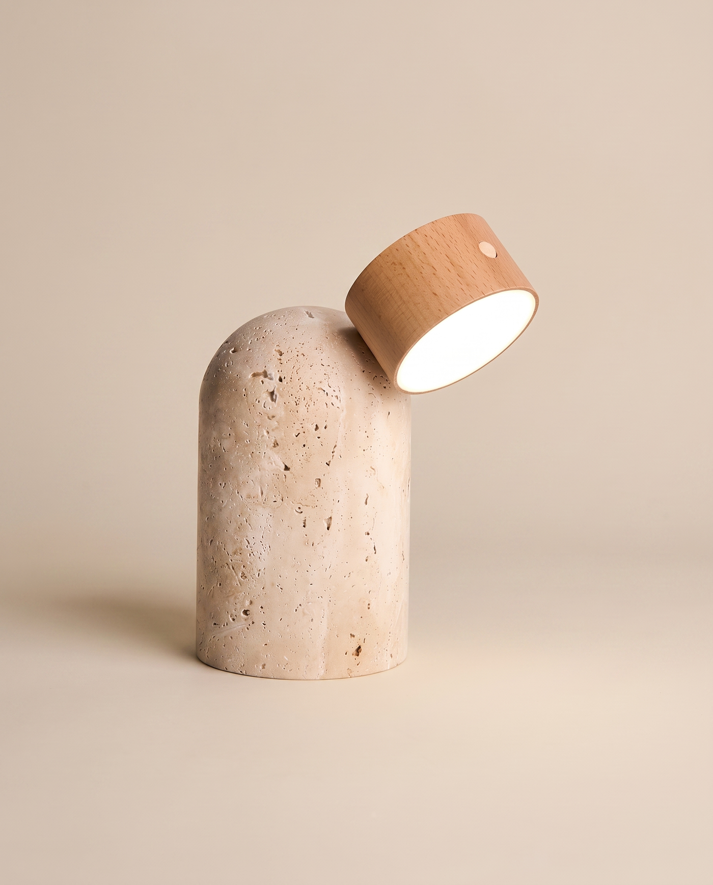 Sten travertine table lamp in Light Brown wood, front view