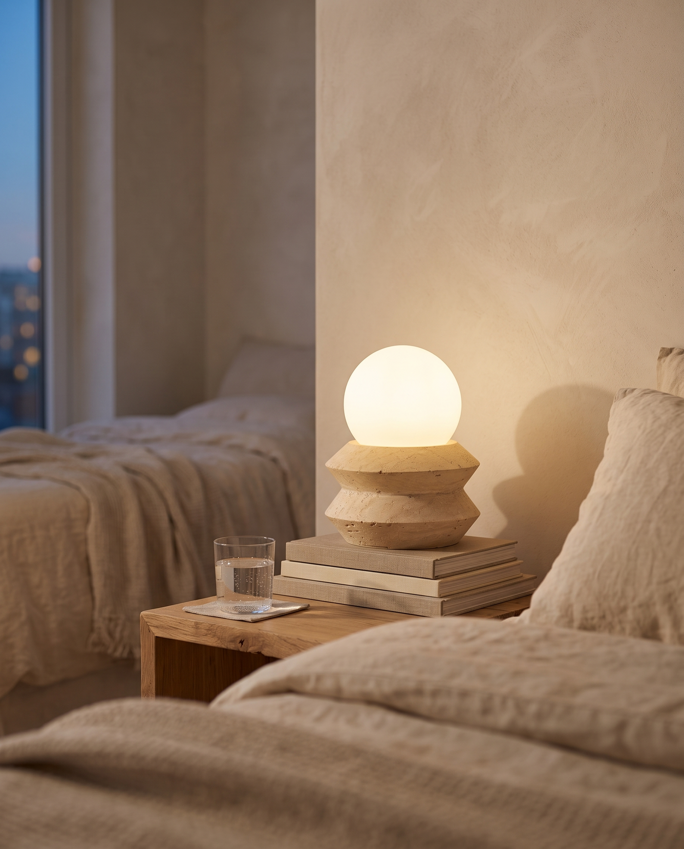 Solace travertine table lamp lit on a bedside nightstand in a serene bedroom