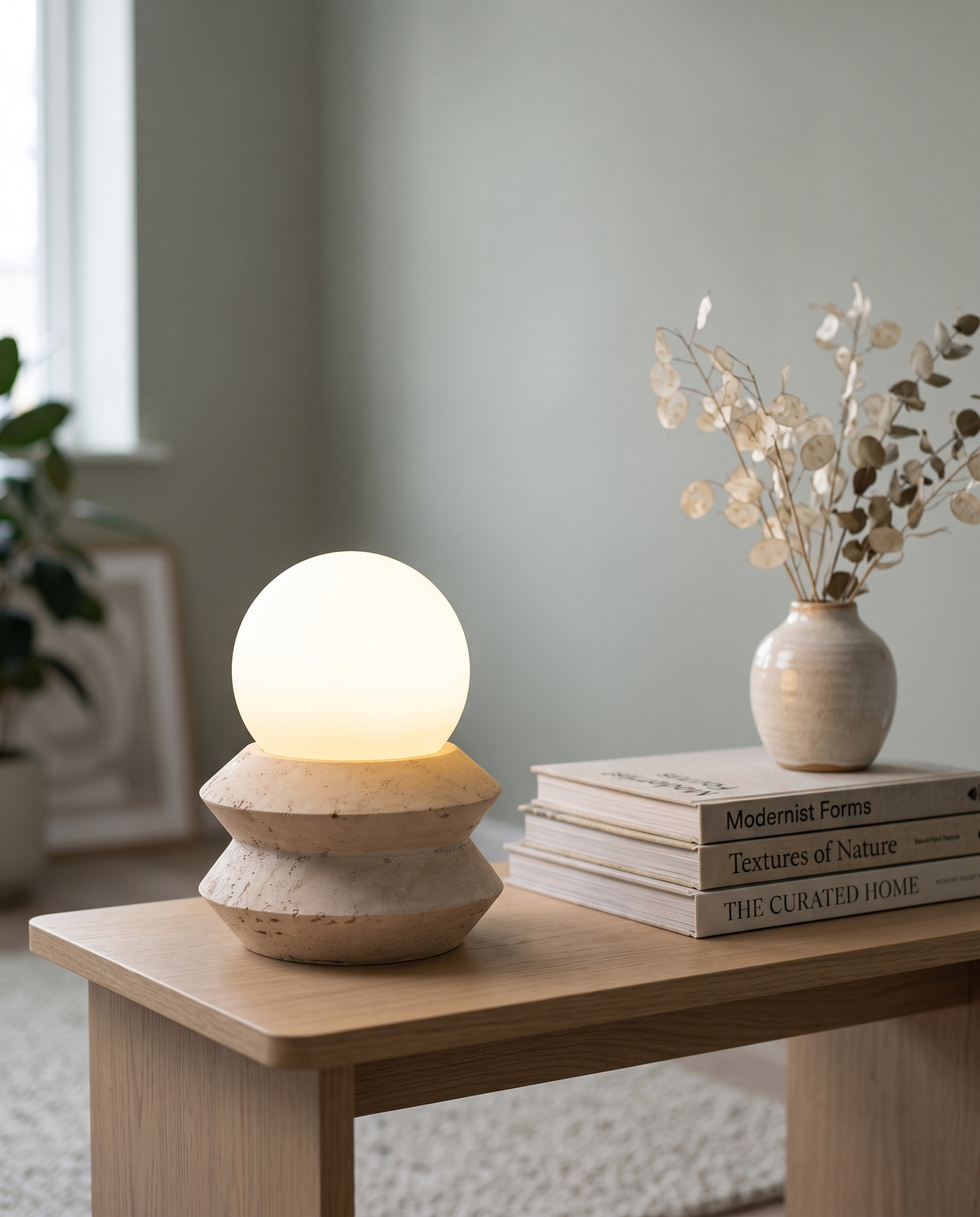 Solace travertine table lamp on a living-room console table against a sage green-grey wall