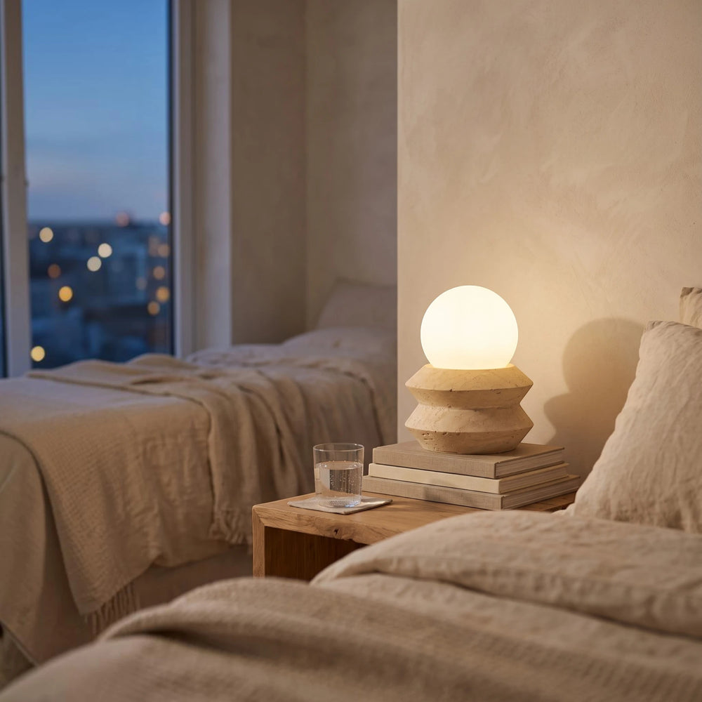 The rechargeable Solace globe lamp lit at dusk on a bedside bench, with city lights beyond the window