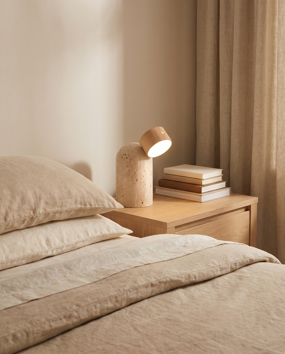 The Vensalo Sten lamp with an oak head, lit on an oak nightstand beside linen bedding and a stack of books