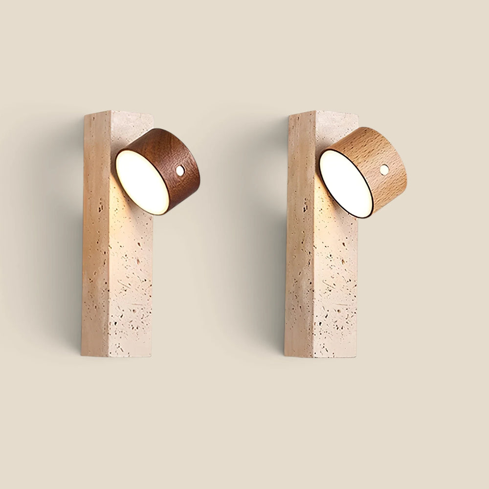 The Vensalo Monolith rechargeable wall light in walnut and light oak, both lit and shown side by side